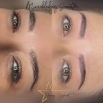 Kaş boşlukları doldurularak doğal çizgilerle yenilendi İzmir Karşıyaka microblading öncesi sonrası örneği